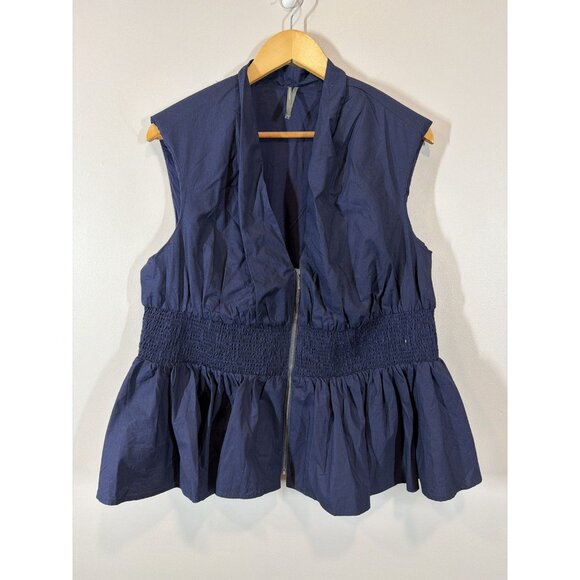 Anthropologie Navy Blue Sleeveless Blouse Size XL Ruffled Hem Zip Up Minimalist - Picture 2 of 9